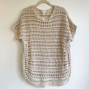 CHICO’S linen cotton Open Knit Poncho crochet Sweater top Large short sleeve 2